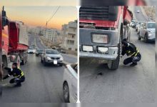 صورة | حل مشكلة تعطل شاحنة كبيرة على شارع المغناطيس بعمان الأربعاء.. صور