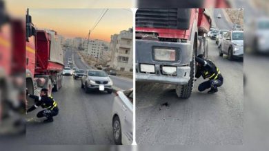 صورة | حل مشكلة تعطل شاحنة كبيرة على شارع المغناطيس بعمان الأربعاء.. صور