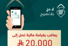 صورة غرامة مالية تصل إلى 20 ألف ريال لمن يضبط مؤديًا أو محاولاً أداء الحج دون تصريح