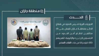 صورة القبض على 4 مخالفين لتهريبهم 80 كيلوجرامًا من القات المخدر في جازان
