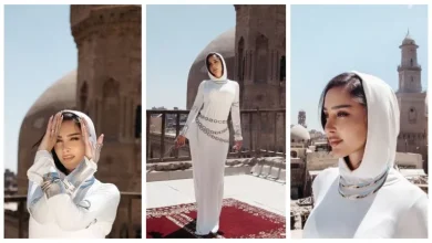 صورة “فستان أبيض وغطاء رأس”.. أحدث ظهور لـ بسمة بوسيل في مصر القديمة