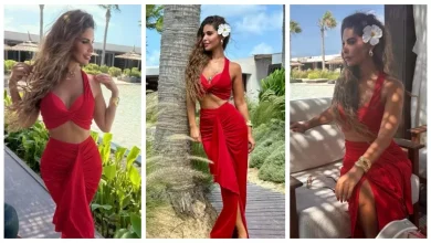 صورة بفستان أحمر جريء.. مي سليم تستمتع بآخر أيام الصيفية