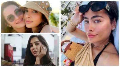 صورة نرمين الفقي بفستان أنيق وكارولين عزمي على البحر