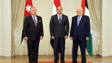 صورة السيسي والملك عبد الله يتحدثان مع ابومازن ويدينان قرار إسرائيل باحتلال غزة