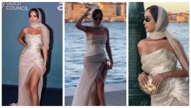 صورة حجاب وفستان مكشوف.. بسمة بوسيل بإطلالة غريبة في مهرجان فينسيا